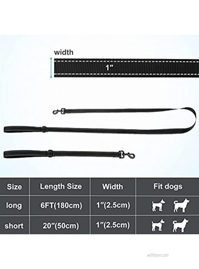 2 Pack Dog Leashes Reflective Nylon Strong Dog Leash 6ft and 20in with Soft Padded Handle Black Dog Leash for Medium Large Dogs for Training Waking Black