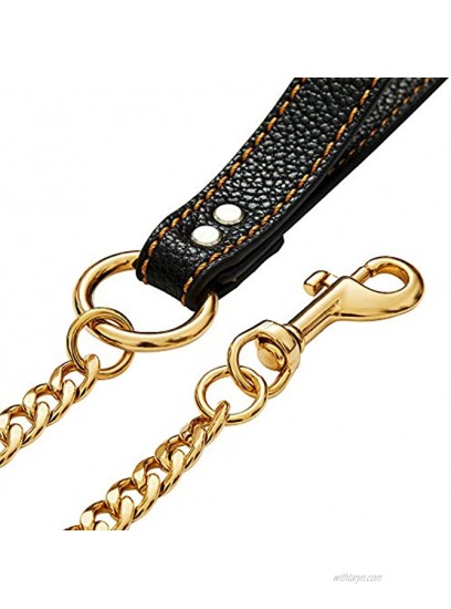 3ft 4.5ft Indestructible Strong Chew-Proof Metal 18k Gold Silver Dog Leash with Thick Genuine Leather Handle Stainless Steel Cuban Chain Link for Training Walking Large Medium Small All Breeds Dogs