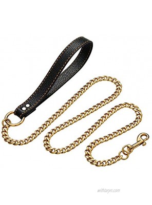 3ft 4.5ft Indestructible Strong Chew-Proof Metal 18k Gold Silver Dog Leash with Thick Genuine Leather Handle Stainless Steel Cuban Chain Link for Training Walking Large Medium Small All Breeds Dogs