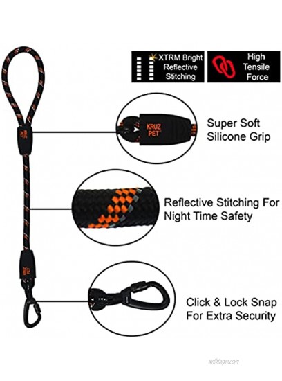 Kruz Short Traffic Leash -KZROPE5020 Soft Silicone Grip with Click & Lock Snap Heavy-Duty Reflective Dog Rope for Security Safety and Control Walking Running Training Guiding Dog Lead 20