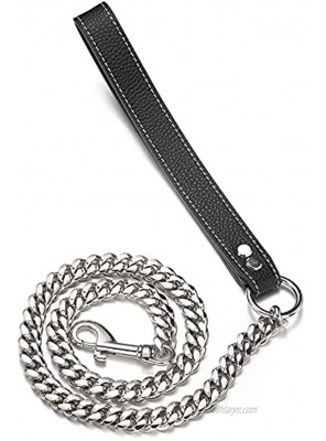 RUMYPET 3FT 4FT 5FT Heavy Duty Silver Dog Chain Leash 10MM 14MM Stainless Steel Miami Cuban Link Chain with Durable Genuine Leather Handle for Training Walking14mm,3ft