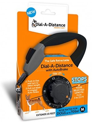 Dial A-Distance Retractable Dog Leash Adjustable 0 to 15 Feet Auto Brake and One Button Lock