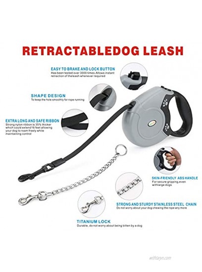 Idepet Heavy Duty Retractable Dog Leash for Small and Medium Dogs Anti-Chewing Steel Chain 360 Degree Tangle-Free,Break and Lock System,16ft Leash for Dog Walking Flat Rope