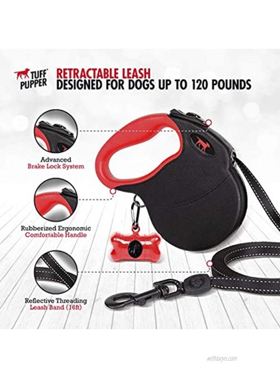 Tuff Pupper Heavy Duty Retractable Dog Leash | 16 ft Dog Leash with Reflective Stitching for Nighttime Safety | One Button Lock and Release | Comfortable Hand Grip | for Dogs Up to 120 lbs