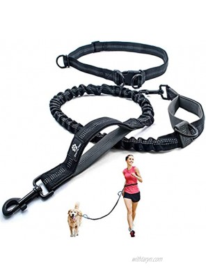 CHUNKY PAW Hands Free Dog Leash for Running Walking Training Hiking Durable Dual Handle Waist Leash with Reflective Bungee for Medium and Large Dogs Black with Grey