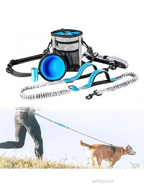 Dual-Handle Bungee Dog Leash Hand Free Dog Leashes with Pet Training Treat Pouch Waist and Dog Water Bowl Reflective Stitching Bungee Endure Up to 150 lbs for Hiking Running Walking Jogging