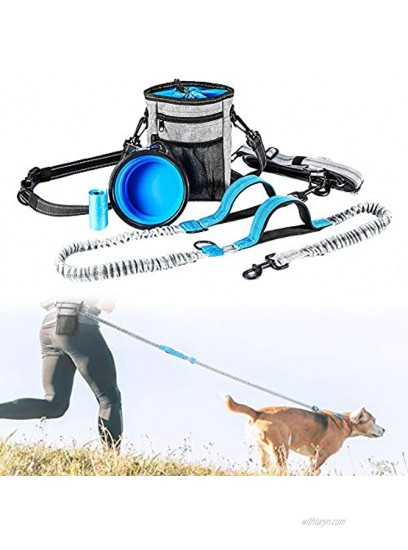 Dual-Handle Bungee Dog Leash Hand Free Dog Leashes with Pet Training Treat Pouch Waist and Dog Water Bowl Reflective Stitching Bungee Endure Up to 150 lbs for Hiking Running Walking Jogging
