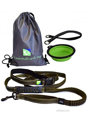 EssentialEarth Pet Hands Free Running Dog Leash Anti-Shock Extra Strong Bungee 3 in 1 Tough Adventure Lead Waist Adjustable Reflective + Storage Bag Bowl Control Collar for Medium to Large Dogs