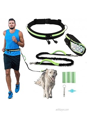 Hands Free Dog Leash Caudblor Running Leash for Medium Large Dogs with Phone Pouch Green Waist Leash with Bungee Adjustable Dog Walking Belt for Jogging Hiking with 3PC Poop Bag 1PC Dog Whistle