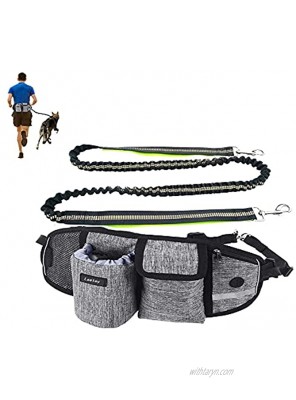 Leetoy Hands Free Dog Leash with Multi Pouches Retractable Shock Absorbing Bungee Leash with Reflective Stitches Suitable for Walking Running Cycling Grey