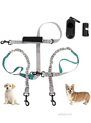 PetierWeit Adjustable Double Dog Leash Reflective Stitches Leash Absorb Jerk and Lunges with Strong Bungees and Belt Sponge for Two Dogs