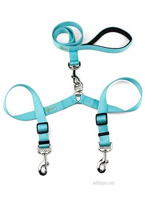 DCBARK Tangle Free Double Dog Leash No Tangle Adjustable Length Lead with Comfortable Padded Handle for 2 Dogs M Turquoise