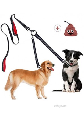 Dual Dog Leash Double Dog Leash Multifunctional Detachable Leash for 1 or 2 Dogs No Tangle Shock Absorbing Bungee Walking Lead with Two Handles Bonus Funny Waste Bag Dispenser for Dogs Up to 180lbs