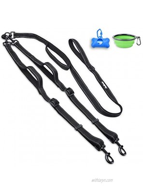 PetBonus Double Dog Leash No Tangle Dual Dog Leash Reflective Walking Training Leash 4 Comfortable Padded Handles for 2 Dogs with Collapsible Bowl and Waste Bags Dispenser