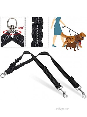 SlowTon Double Dog Leash No Tangle Double Leash for Dogs Walking Training 360°Swivel Rotation Reflective Adjustable Length Dual Two Dog Lead Splitter Comfortable Shock Absorbing Bungee Lead 2 Dogs