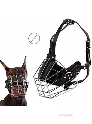 HITNEXT Dog Muzzle Basket Metal Leather Black Dog Muzzles for Biting Basket Muzzle for Large Dog Muzzle with Leather Puncher for Medium Dog Dog Muzzle for Barking & Chewing