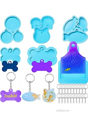 6 Pieces Resin Dog Tag Mold Pet Cat Tag Resin Mold Cat Tag Dog Tag Silicone Mold Dog Bone Shaped Silicone Mold with 20 Key Rings for DIY Pet Cat Tag Keychain Jewelry Cake Chocolate