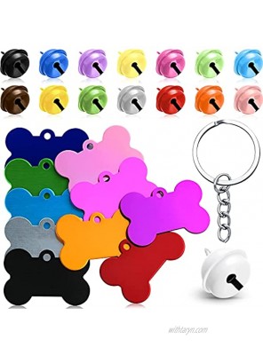 60 Pieces Blank Dog Tags Bells Key Rings Set Include 20 Bone Shape Pet ID Tag Double Sided Dog Name Phone Number Tag Charm 38 mm with 20 Colourful Dog Bells and 20 Stainless Steel Key Rings