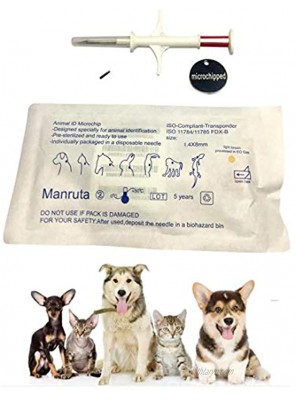 Manruta Pet ID Microchips for Small Dogs and Cats 1.4X8 MM Size 134.2Khz ISO 11784 5 FDX-B Standard 5 Pack with Free Stainless tag Gift
