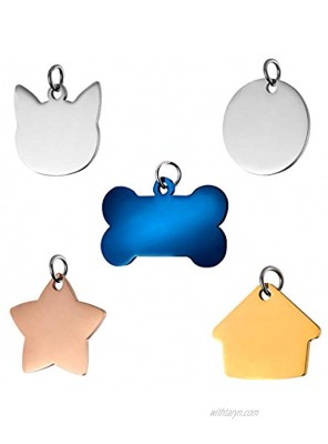 POPETPOP 5PCS Pet ID Tags Stainless Steel Dog Cat Collar Accessories Dogs Tag and Cats Tag in Bone Round Star House and Cat Face Shapes