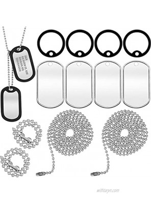 Weewooday 4 Pieces Military Dog Tag Silencer Silicone Round Rubbers Army Dog Tag Silencer Set Complete with 4 Steel Ball Chains & 4 Blank Dog Tags Black