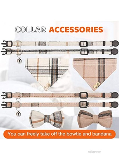 4 Pieces Bow Tie Cat Collar Bandana Breakaway Pet Collar Bandana with Classic Plaid Adjustable Cat Collar with Scarf and Bowtie Girl Boy Pet Kitten Collar Bandana with Bell for Cat Puppy Small Dog