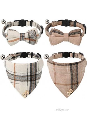 4 Pieces Bow Tie Cat Collar Bandana Breakaway Pet Collar Bandana with Classic Plaid Adjustable Cat Collar with Scarf and Bowtie Girl Boy Pet Kitten Collar Bandana with Bell for Cat Puppy Small Dog