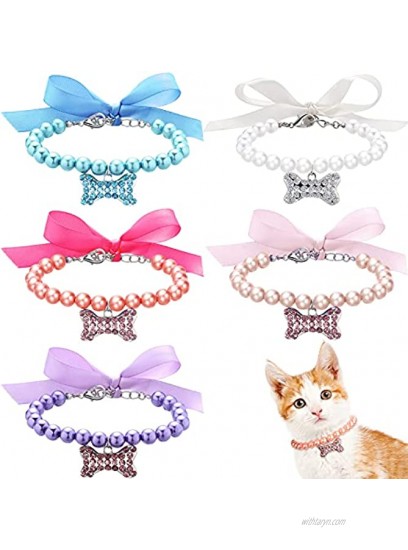 5 Pieces Fancy Pet Pearl Necklace Diamond Crystal Dog Pearl Necklace Collars with Bling Rhinestones Bone Dog Pearl Jewelry Set Wedding Collar for Puppy Pets Dogs S