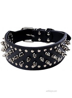 BONAWEN Leather Dog Collar Studded Dog Collar with Spikes for Large Medium Dogs,2 Width