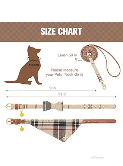 Bow Tie Dog Collar and Leash Set for Small Dogs Puppy Leash Collars Classic Plaid Adjustable Size with Golden Bell Perfect for Small Breeds Boys