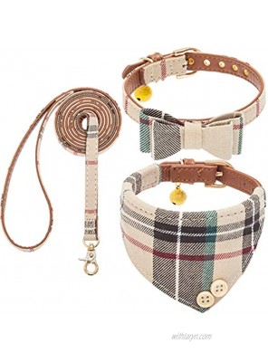 Bow Tie Dog Collar and Leash Set for Small Dogs Puppy Leash Collars Classic Plaid Adjustable Size with Golden Bell Perfect for Small Breeds Boys
