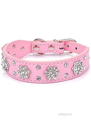 Cute Dog Collar with Bling Bling Rhinestones Diamond Flower Pattern Studded Leather Dog Collar Fit Small and Medium Dogs