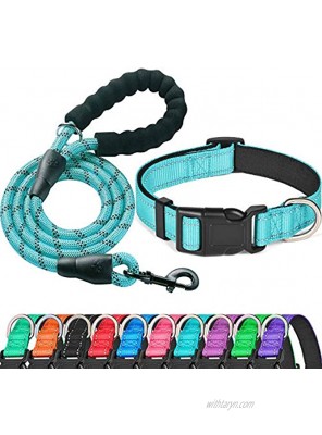 Ladoogo Reflective Dog Collar Padded with Soft Neoprene Breathable Adjustable Nylon Dog Collars for Small Medium Large Dogs Collar+Leash M Neck 16"-19" Blue