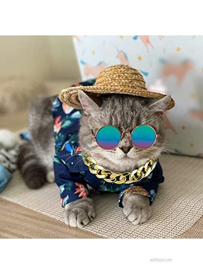Legendog 3PCS Cool Cat Dog Costume Fashion Metal Pet Dog Collar Cat Sunglasses with Pineapple Print Dog Shirt for Cats and Small Dogs Adjustable Gold Dog Puppy Chain Collar Set Best Pet Photo Props