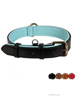 Poohoo Genuine Leather Dog Collar Soft & Breathable Padded | Brass Hardware Rust-Proof | Heavy Duty | Dog Tag Ring | for Medium Large X-Large Dogs Medium Black