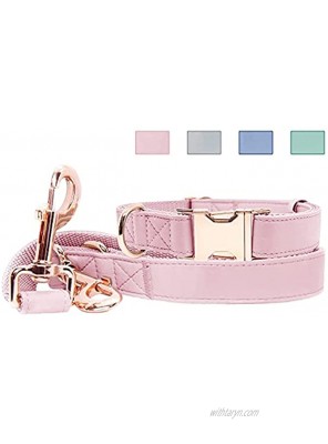 Soft Leather Dog Collar and Leash 6.6' Set Stylish Rose Gold Heavy Duty Metal Buckle 4 Adjustable Lengths Leash for Small Medium Large Dogs Comfortable & Easy to Clean