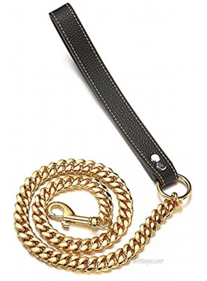 Aiyidi Gold Dog Chain Leash Stainless Steel Metal Chain Width 10mm 14mm Curb Cuban Link Walking Training Dog Leash 3FT 4FT 5FT with Genuine Leather Handle for Small Medium Large Dogs14mm,5ft