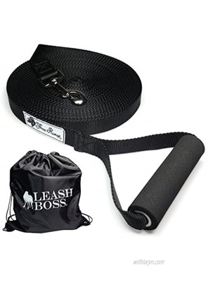 Leashboss Free Range 100 Foot Dog Leash for Large Dogs + Drawstring Backpack 1 Inch Nylon Training Lead with Padded Handle 100 Ft w Backpack 1 in Black