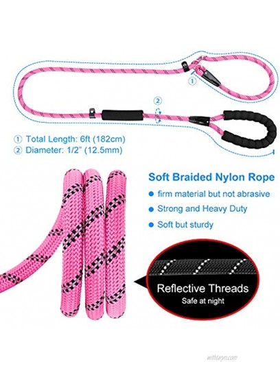 PLUTUS PET Slip Lead Dog Leash Anti-Choking with Traffic Padded Two Handles Reflective Strong Sturdy Heavy Duty Rope Leash 6FT Dog Training Leash for Medium Large Dogs