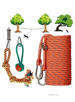 50 FT Dog Tie Out Cable for Camping Stainless Trolley System 4 Duty Clasp 2 Dog Rope Toys 1 Shock Spring Dogs up to 260 lbs Portable Reflective Dog Leash Suit for Yard Park Outside Activities