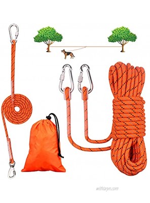 50ft Dog Tie Out Cable for Camping with 6ft Dog Runner Cable Reflective Overhead Trolley System for Dogs up to 200lbs Dog Leads for Yard Park and Outdoor,Orange