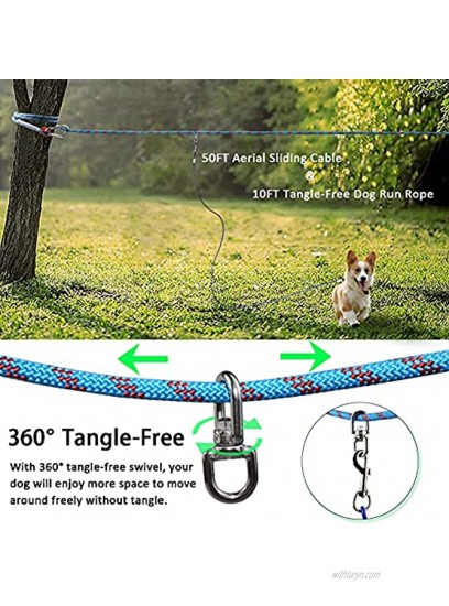 Dog Tie Out Cable for Camping 50Ft Heavy Duty Overhead Dog Trolley System Runner Cable for Dogs Up to 200 lbs with 10Ft Portable Dog Lead Line for Yard Park Camping Picnic Outdoor
