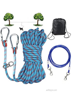 Dog Tie Out Cable for Camping 50Ft Heavy Duty Overhead Dog Trolley System Runner Cable for Dogs Up to 200 lbs with 10Ft Portable Dog Lead Line for Yard Park Camping Picnic Outdoor