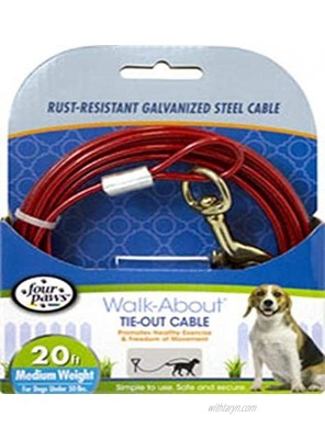 Four Paws Vinyl Coated Rust Proof Medium Weight Tie-Out Cable for Dogs 20-Foot