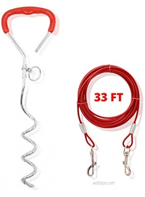 KOSNORL Corkscrew Dog Stake Dog Tie Out Cable and Stake 33ft Dog Yard Leash and Stake Dog Chain and Stake for Outside Yard Camping Chains for Small Medium Large Dogs Red