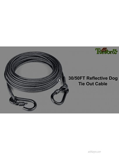 Tresbro 15 30 50Ft Reflective Dog Tie Out Cable for Dogs Up to 250 Pounds Steel Wire Dog Leash Cable with Stainless Dual Fix Buckle Lightweight and Durable Dog Chains Outside for Outdoor,Yard,Camping