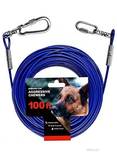 WATFOON 100ft Dog Tie Out Cable for Dogs Up to 300 Pounds Steel Wire Dog Leash Cable with Stainless Dual Fix Buckle Swivel Clip Tangle Free Dog Chains Outside for Outdoor,Yard,Camping