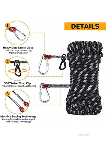YOMIKI Dog Tie Out Cable for Camping 66ft Heavy Duty Overhead Trolley System with Dog Run Leash and Collapsible Dog Bowl for Dogs up to 250lbs Portable Reflective Dog Lead Line for Yard Outdoor