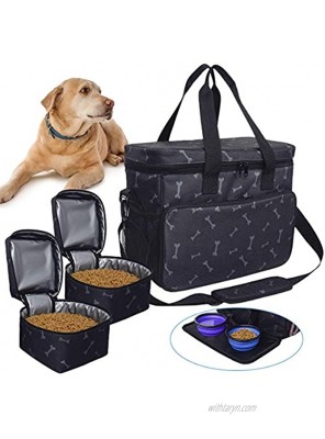 BicycleStore Dog Travel Bag Washable Pet Food Carrier Storage Bags Cat Treat Diaper Carrying Bag Accessories Equipment Sling Bag Organizer with Multi-Function Pockets 2 Food Storage Containers