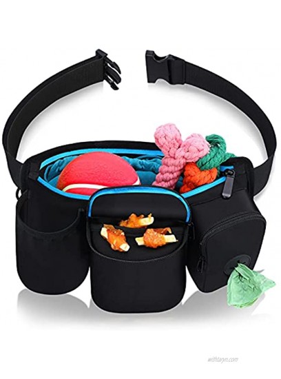 Dog Treat Pouch- Dog Training Pouch Bag with 1 Collapsible Dog Bowl- Waist Belt Fanny Pack Treat with Snack Pokect& Dog Waste Bag Dispenser for Treats Puppy Class Travel Running Walking Hiking